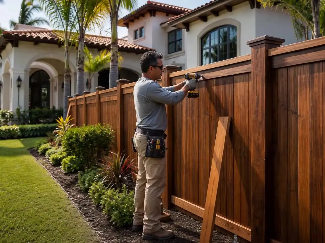 Construcción de una cerca junto a una casa de estilo floridano